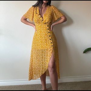 Golden Yellow Floral Print Midi Dress